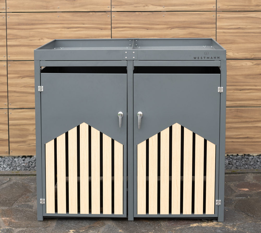 [WMHHWTC-72] Metall-Mülltonnenbox mit zwei Pflanzkästen (Grau)