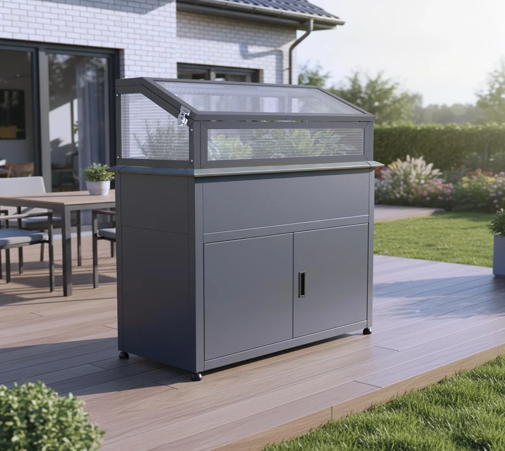 [WMHPS-S1085E-SET] Metall-Hochbeet mit Frühbeetaufsatz und Stauraum Plexa Plus